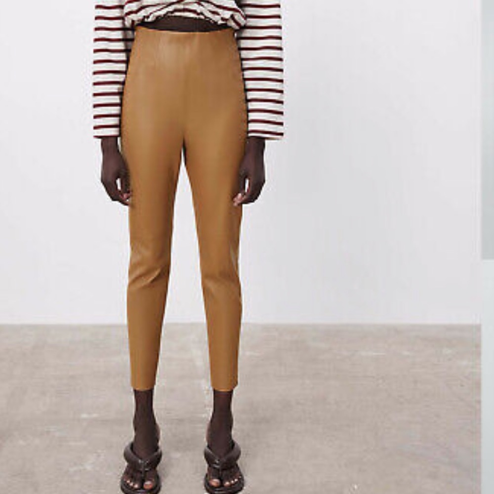 ZARA WOMAN FAUX LEATHER HIGH-WAISTED LEGGINGS PANTS CAMEL 8372/061nL